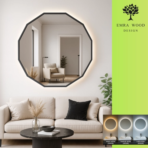 Lustro NÉROLI – nowoczesne lustro wielokątne LED z podświetleniem w czarnej ramie MDF | designerskie lustro dekoracyjne do salonu, sypialni, łazienki,